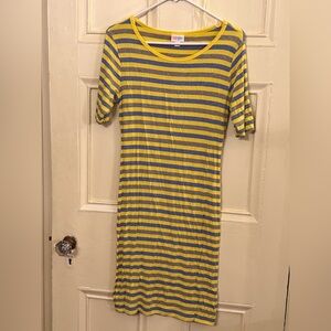 EUC Julia dress LuLaRoe midi striped short sleeve yellow gray blue size medium